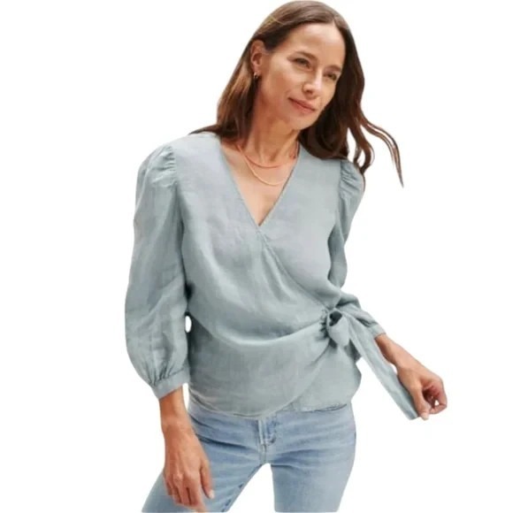 Amour Vert Women's S Gray Wrap Blouse 3/4 Sleeve Cottagcore Coastal Preppy - Picture 6 of 6